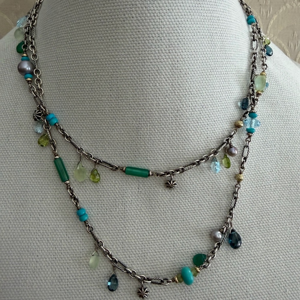 David Yurman Silver Necklace with Turquoise and Green onyx
